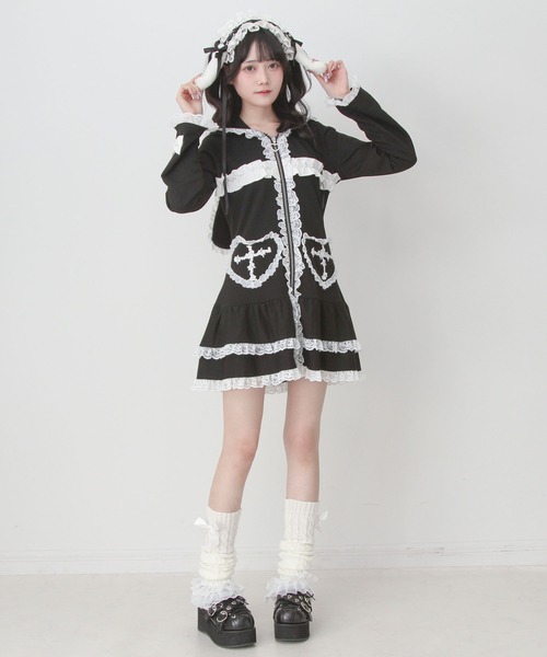 セール】姫系うさ耳レースフリルハートポケットパーカーワンピース