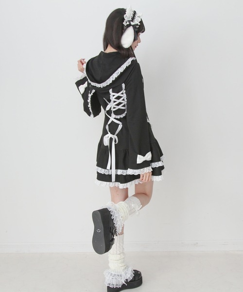 DearMyLove(ディアマイラブ)の「姫系うさ耳レースフリルハートポケットパーカーワンピース(ワンピース・レディース・ブラック×ホワイト/ブルーグレー・LL~3L/M-L)」の4枚目の写真