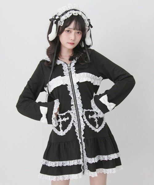 DearMyLove(ディアマイラブ)の「姫系うさ耳レースフリルハートポケットパーカーワンピース(ワンピース・レディース・ブラック×ホワイト/ブルーグレー・LL~3L/M-L)」の5枚目の写真