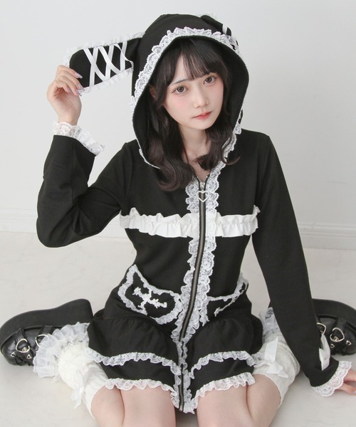 DearMyLove(ディアマイラブ)の「姫系うさ耳レースフリルハートポケットパーカーワンピース(ワンピース・レディース・ブラック×ホワイト/ブルーグレー・LL~3L/M-L)」の7枚目の写真