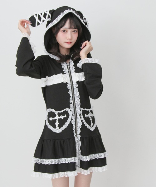 DearMyLove(ディアマイラブ)の「姫系うさ耳レースフリルハートポケットパーカーワンピース(ワンピース・レディース・ブラック×ホワイト/ブルーグレー・LL~3L/M-L)」の8枚目の写真
