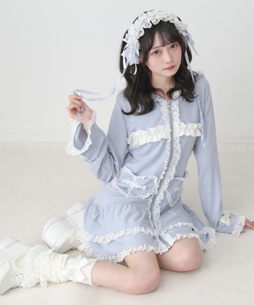 DearMyLove(ディアマイラブ)の「姫系うさ耳レースフリルハートポケットパーカーワンピース(ワンピース・レディース・ブラック×ホワイト/ブルーグレー・LL~3L/M-L)」の9枚目の写真
