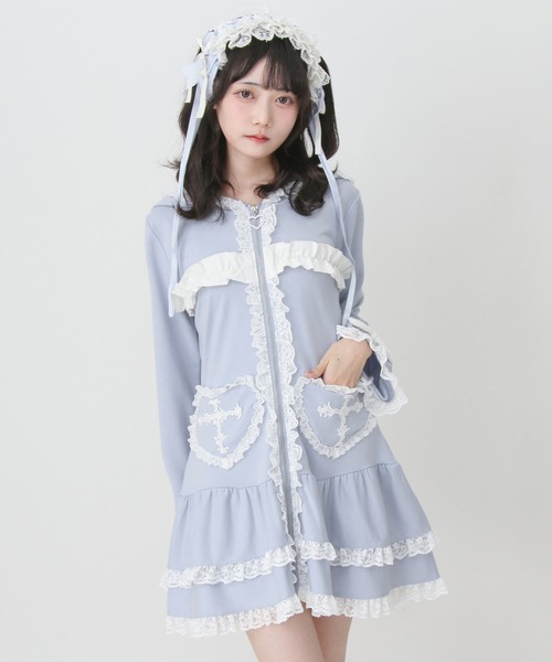 DearMyLove(ディアマイラブ)の「姫系うさ耳レースフリルハートポケットパーカーワンピース(ワンピース・レディース・ブラック×ホワイト/ブルーグレー・LL~3L/M-L)」の11枚目の写真