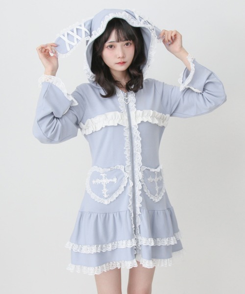 DearMyLove(ディアマイラブ)の「姫系うさ耳レースフリルハートポケットパーカーワンピース(ワンピース・レディース・ブラック×ホワイト/ブルーグレー・LL~3L/M-L)」の16枚目の写真