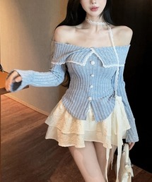 オフショルラメリブトップス レースチョーカー付き