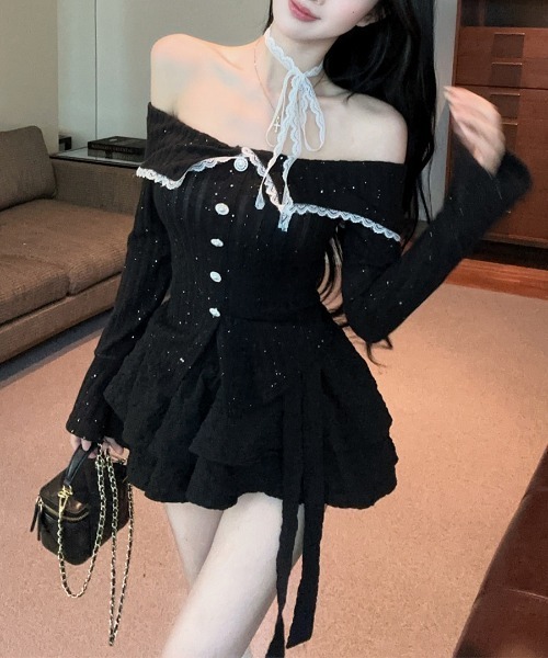 REMUR(レミュール)の「オフショルラメリブトップス レースチョーカー付き(ニット/セーター・レディース・パープル/グレイッシュブルー/ブラック・FREE)」の5枚目の写真