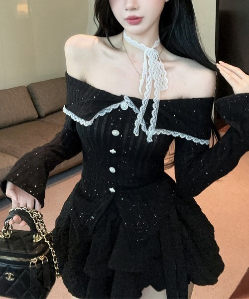 REMUR(レミュール)の「オフショルラメリブトップス レースチョーカー付き(ニット/セーター・レディース・パープル/グレイッシュブルー/ブラック・FREE)」の9枚目の写真