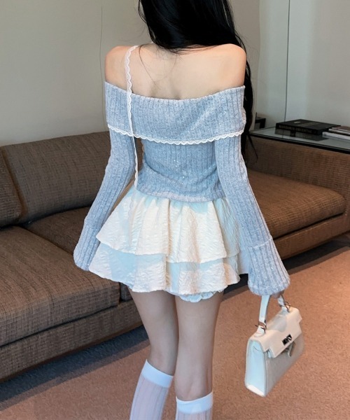 REMUR(レミュール)の「オフショルラメリブトップス レースチョーカー付き(ニット/セーター・レディース・パープル/グレイッシュブルー/ブラック・FREE)」の15枚目の写真