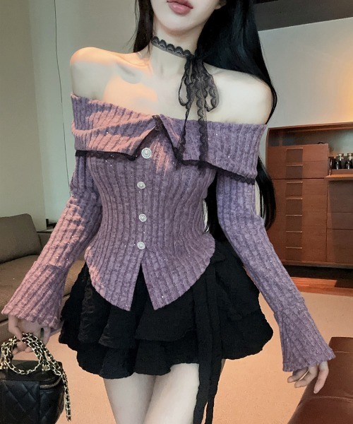 REMUR(レミュール)の「オフショルラメリブトップス レースチョーカー付き(ニット/セーター・レディース・パープル/グレイッシュブルー/ブラック・FREE)」の20枚目の写真