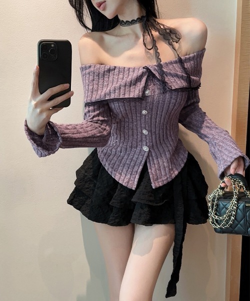 REMUR(レミュール)の「オフショルラメリブトップス レースチョーカー付き(ニット/セーター・レディース・パープル/グレイッシュブルー/ブラック・FREE)」の21枚目の写真