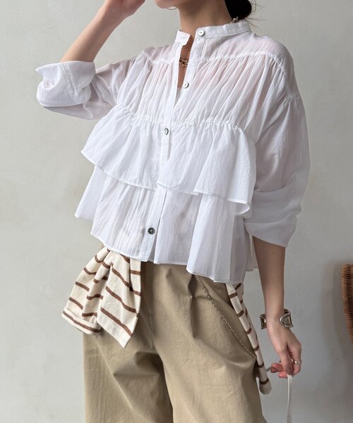 DouDou(ドゥドゥ)の「【完売カラー再追加!/WEB限定】ラッフルブラウス(シャツ/ブラウス・レディース・オフホワイト/グレー/ブラック/ブルー・FREE)」の14枚目の写真