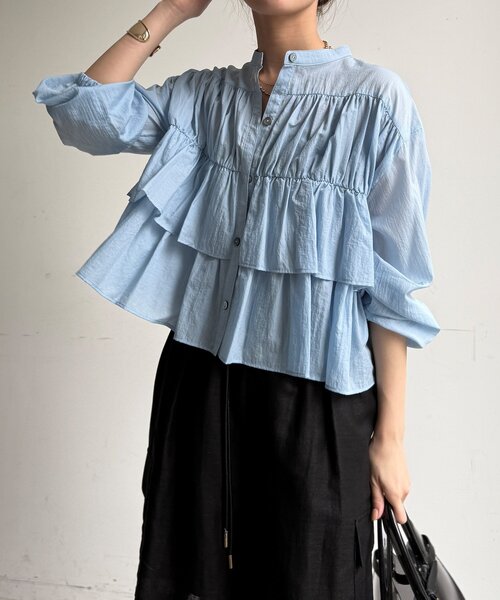 DouDou(ドゥドゥ)の「【完売カラー再追加!/WEB限定】ラッフルブラウス(シャツ/ブラウス・レディース・オフホワイト/グレー/ブラック/ブルー・FREE)」の7枚目の写真