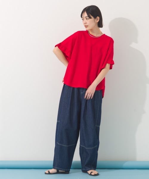 OMNES（オムネス）の「ウォッシュ加工切替バレルレッグデニムパンツ（デニムパンツ・レディース・ブルー/ライトブルー/インディゴブルー・MEDIUM/LARGE）」の17枚目の写真