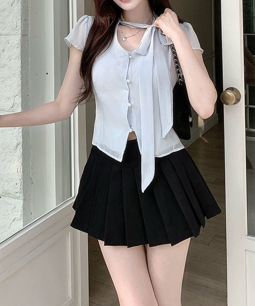 Girly Doll(ガーリードール)の「シアーパフリボンタイブラウス(シャツ/ブラウス・レディース・ライトブルー/オフホワイト・F)」の6枚目の写真