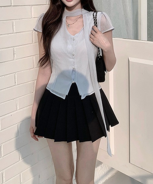 Girly Doll(ガーリードール)の「シアーパフリボンタイブラウス(シャツ/ブラウス・レディース・ライトブルー/オフホワイト・F)」の8枚目の写真