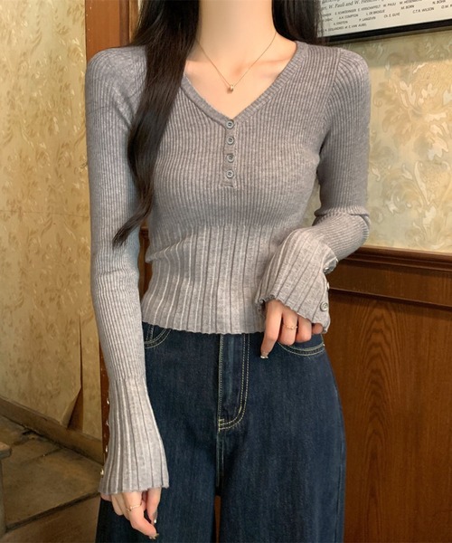 WESTSEA(ウエストシー)の「リブニットトップス Vネック ヘンリーネック フレアスリーブ ショート丈 長袖(ニット/セーター・レディース・ブラック/アイボリー/グレー・FREE)」の18枚目の写真