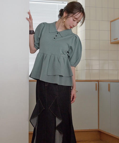 mideal(マイディール)の「sequin peplum polo knit / スパンコールペプラムポロニット(ニット/セーター・レディース・ベージュ/ネイビー/ブルーグリーン/スモークピンク・FREE)」の3枚目の写真