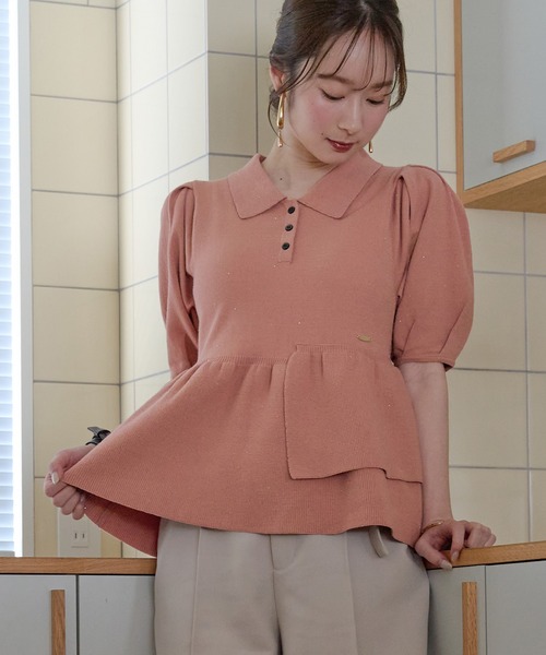 mideal(マイディール)の「sequin peplum polo knit / スパンコールペプラムポロニット(ニット/セーター・レディース・ベージュ/ネイビー/ブルーグリーン/スモークピンク・FREE)」の4枚目の写真