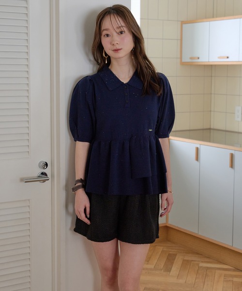 mideal(マイディール)の「sequin peplum polo knit / スパンコールペプラムポロニット(ニット/セーター・レディース・ベージュ/ネイビー/ブルーグリーン/スモークピンク・FREE)」の5枚目の写真