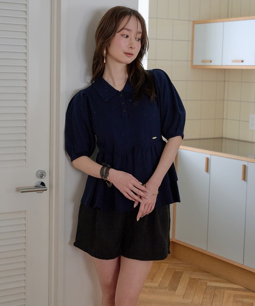 mideal(マイディール)の「sequin peplum polo knit / スパンコールペプラムポロニット(ニット/セーター・レディース・ベージュ/ネイビー/ブルーグリーン/スモークピンク・FREE)」の6枚目の写真