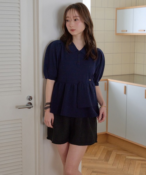 mideal(マイディール)の「sequin peplum polo knit / スパンコールペプラムポロニット(ニット/セーター・レディース・ベージュ/ネイビー/ブルーグリーン/スモークピンク・FREE)」の9枚目の写真