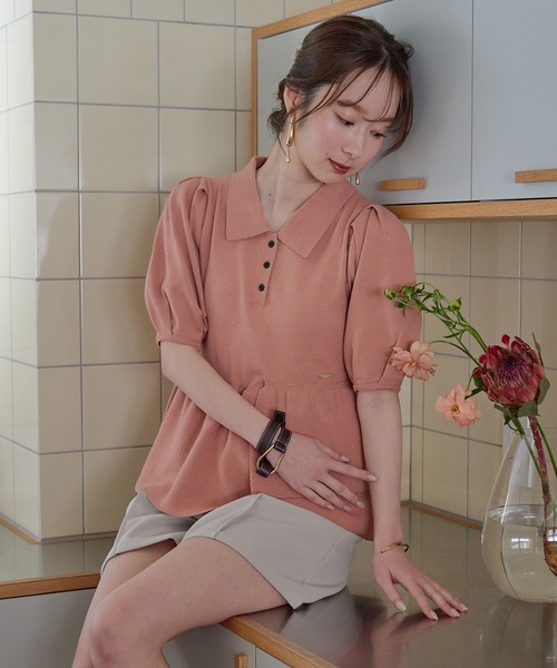 mideal(マイディール)の「sequin peplum polo knit / スパンコールペプラムポロニット(ニット/セーター・レディース・ベージュ/ネイビー/ブルーグリーン/スモークピンク・FREE)」の6枚目の写真