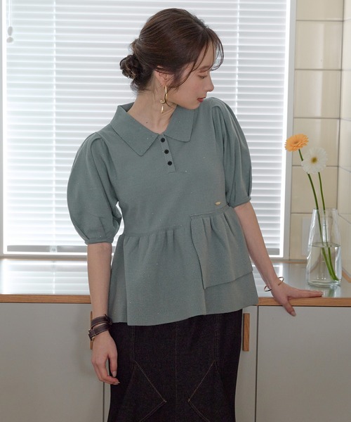 mideal(マイディール)の「sequin peplum polo knit / スパンコールペプラムポロニット(ニット/セーター・レディース・ベージュ/ネイビー/ブルーグリーン/スモークピンク・FREE)」の8枚目の写真