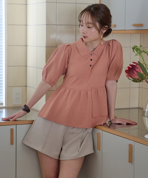 mideal(マイディール)の「sequin peplum polo knit / スパンコールペプラムポロニット(ニット/セーター・レディース・ベージュ/ネイビー/ブルーグリーン/スモークピンク・FREE)」の5枚目の写真
