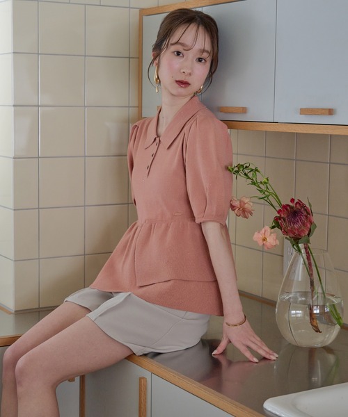 mideal(マイディール)の「sequin peplum polo knit / スパンコールペプラムポロニット(ニット/セーター・レディース・ベージュ/ネイビー/ブルーグリーン/スモークピンク・FREE)」の7枚目の写真
