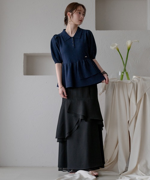 mideal(マイディール)の「sequin peplum polo knit / スパンコールペプラムポロニット(ニット/セーター・レディース・ベージュ/ネイビー/ブルーグリーン/スモークピンク・FREE)」の16枚目の写真