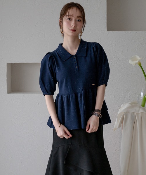 mideal(マイディール)の「sequin peplum polo knit / スパンコールペプラムポロニット(ニット/セーター・レディース・ベージュ/ネイビー/ブルーグリーン/スモークピンク・FREE)」の10枚目の写真