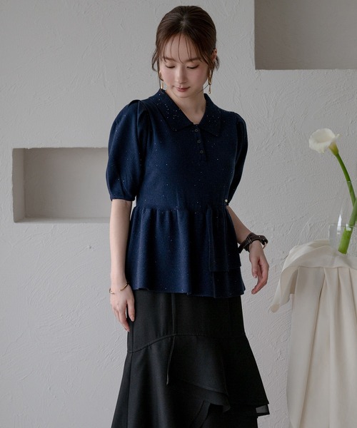 mideal(マイディール)の「sequin peplum polo knit / スパンコールペプラムポロニット(ニット/セーター・レディース・ベージュ/ネイビー/ブルーグリーン/スモークピンク・FREE)」の11枚目の写真