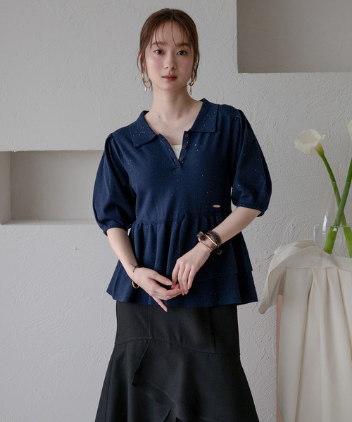 mideal(マイディール)の「sequin peplum polo knit / スパンコールペプラムポロニット(ニット/セーター・レディース・ベージュ/ネイビー/ブルーグリーン/スモークピンク・FREE)」の12枚目の写真