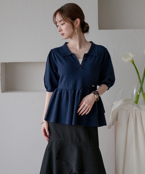 mideal(マイディール)の「sequin peplum polo knit / スパンコールペプラムポロニット(ニット/セーター・レディース・ベージュ/ネイビー/ブルーグリーン/スモークピンク・FREE)」の13枚目の写真