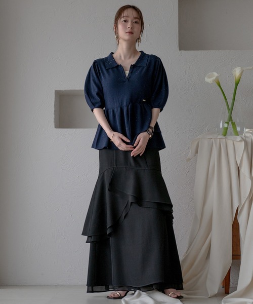 mideal(マイディール)の「sequin peplum polo knit / スパンコールペプラムポロニット(ニット/セーター・レディース・ベージュ/ネイビー/ブルーグリーン/スモークピンク・FREE)」の14枚目の写真