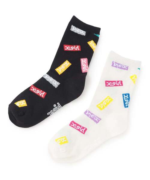 X-girl Stages（エックスガールステージス）の「BOXロゴ総柄 クルーソックス（ソックス/靴下・キッズ・オフホワイト/ブラック・19-21cm/17-19cm/15-17cm/13-15cm）」の6枚目の写真