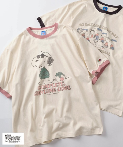 PEANUTS(ピーナッツ)の「【73】【FRUIT OF THE LOOM/フルーツオブザルーム】PEANUSコラボ キャラクターデザイン プリントTシャツ/リンガーTシャツ/ユニセックス/レディース/メンズ【Sサイズ~Lサイズ】(Tシャツ/カットソー・レディース・パープル/アイボリー系3/アイボリー系2/アイボリー系/サックスブルー/アイボリー系4/ピンク/アイボリー系1・M/S/L)」の2枚目の写真