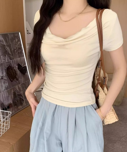 SEU(エスイーユー)の「オフショルダートップス ドレープネックスリム半袖Tシャツ 【オフィスカジュアル】【きれいめカジュアル】 レディース韓国風(Tシャツ/カットソー・レディース・ベージュ/ブラック/ホワイト/ブルー/ピンク・フリー)」の22枚目の写真