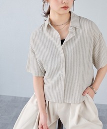 フロントショート丈ストライプ半袖シャツ