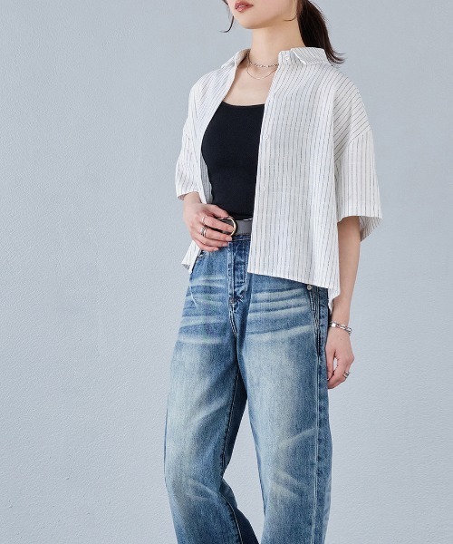murea(ミュレア)の「フロントショート丈ストライプ半袖シャツ(シャツ/ブラウス・レディース・ベージュ/ブラック/ホワイト・FREE)」の8枚目の写真