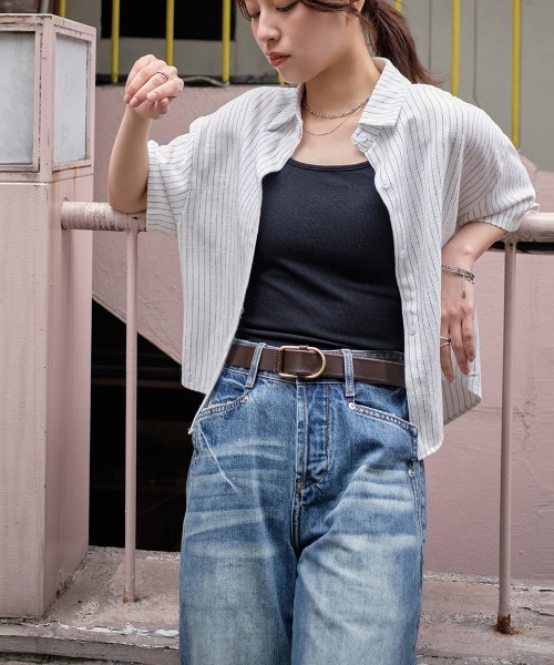 murea(ミュレア)の「フロントショート丈ストライプ半袖シャツ(シャツ/ブラウス・レディース・ベージュ/ブラック/ホワイト・FREE)」の11枚目の写真