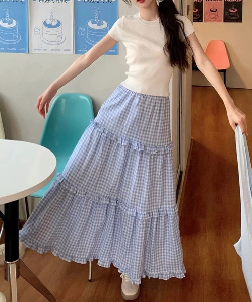 shyam inspiration(シャムインスピレーション)の「ギンガムチェックギャザーロングスカート/ティアード/フリル(スカート・レディース・サックスブルー・M/L)」の16枚目の写真