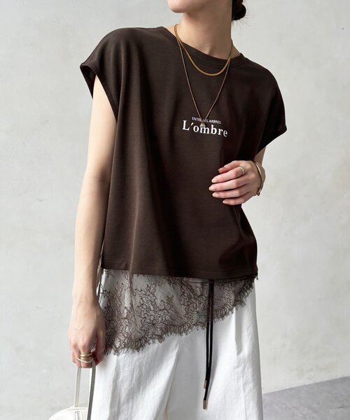 DouDou(ドゥドゥ)の「【WEB限定】ヘムレースロゴTEE(Tシャツ/カットソー・レディース・ブラウン/ブラック/オフホワイト・FREE)」の3枚目の写真