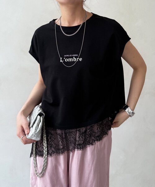 DouDou(ドゥドゥ)の「【WEB限定】ヘムレースロゴTEE(Tシャツ/カットソー・レディース・ブラウン/ブラック/オフホワイト・FREE)」の4枚目の写真