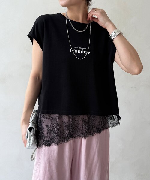 DouDou(ドゥドゥ)の「【WEB限定】ヘムレースロゴTEE(Tシャツ/カットソー・レディース・ブラウン/ブラック/オフホワイト・FREE)」の5枚目の写真
