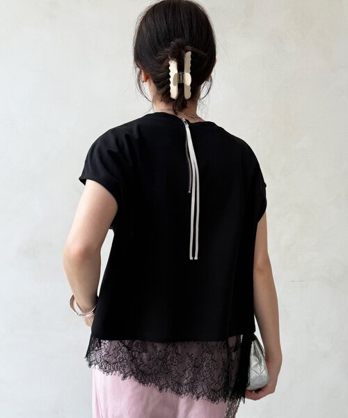 DouDou(ドゥドゥ)の「【WEB限定】ヘムレースロゴTEE(Tシャツ/カットソー・レディース・ブラウン/ブラック/オフホワイト・FREE)」の6枚目の写真