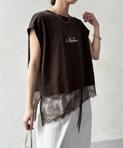 DouDou(ドゥドゥ)の「【WEB限定】ヘムレースロゴTEE(Tシャツ/カットソー・レディース・ブラウン/ブラック/オフホワイト・FREE)」の13枚目の写真