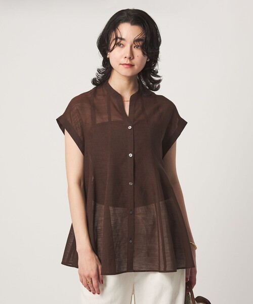 green label relaxing(グリーンレーベルリラクシング)の「ラミーライク マチフレア ショートスリーブ ブラウス 通気性(シャツ/ブラウス・レディース・ライトブルー/ブラック/ダークブラウン/オフホワイト・FREE)」の4枚目の写真