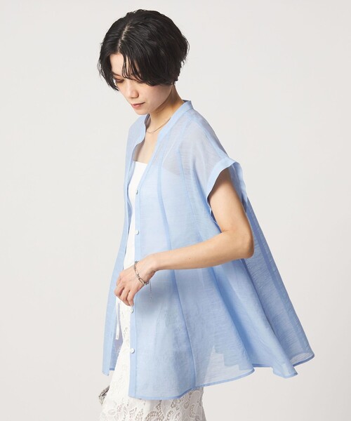 green label relaxing(グリーンレーベルリラクシング)の「ラミーライク マチフレア ショートスリーブ ブラウス 通気性(シャツ/ブラウス・レディース・ライトブルー/ブラック/ダークブラウン/オフホワイト・FREE)」の1枚目の写真