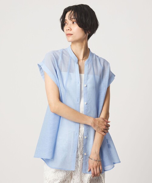 green label relaxing(グリーンレーベルリラクシング)の「ラミーライク マチフレア ショートスリーブ ブラウス 通気性(シャツ/ブラウス・レディース・ライトブルー/ブラック/ダークブラウン/オフホワイト・FREE)」の5枚目の写真